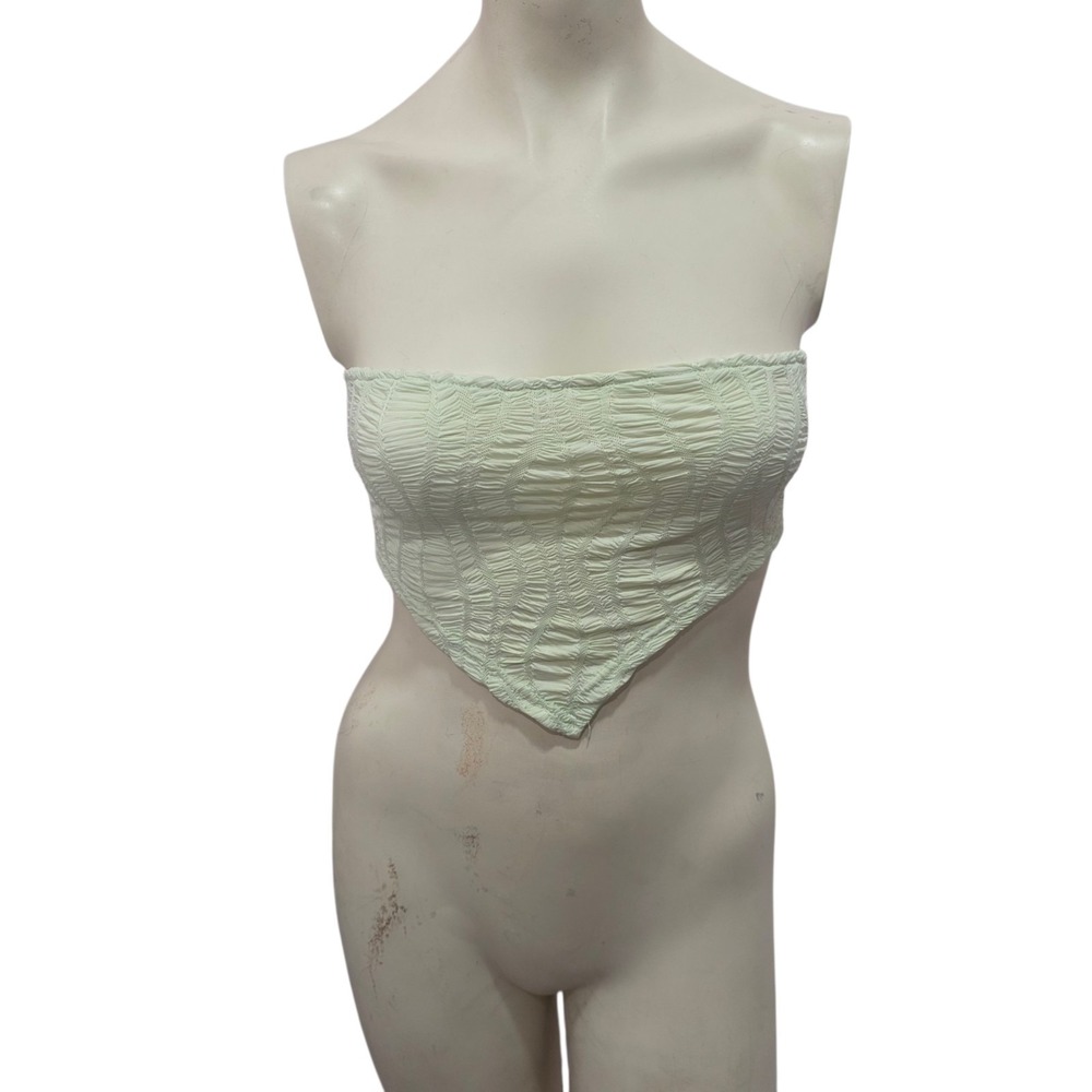 Mint Green Smocked Bandeau Tube Top Lace Up Back Handkerchief Hem XS Boho Y2K